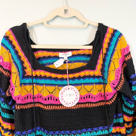 UMGEE Women's Multicolor Square Neck Crochet Knitted Pullover Sweater Large NWT - Picture 3 of 11